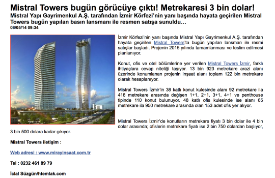www.htemlak.com - Mistral Towers bugün görücüye çıktı! Metrekaresi 3 bin dolar!